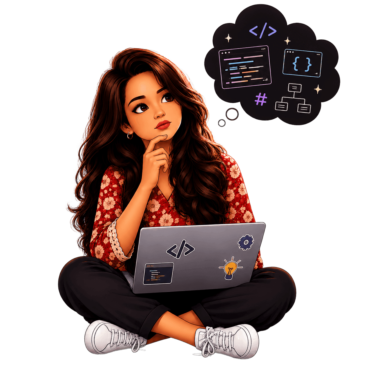 Illustration of a developer sitting cross-legged with a laptop